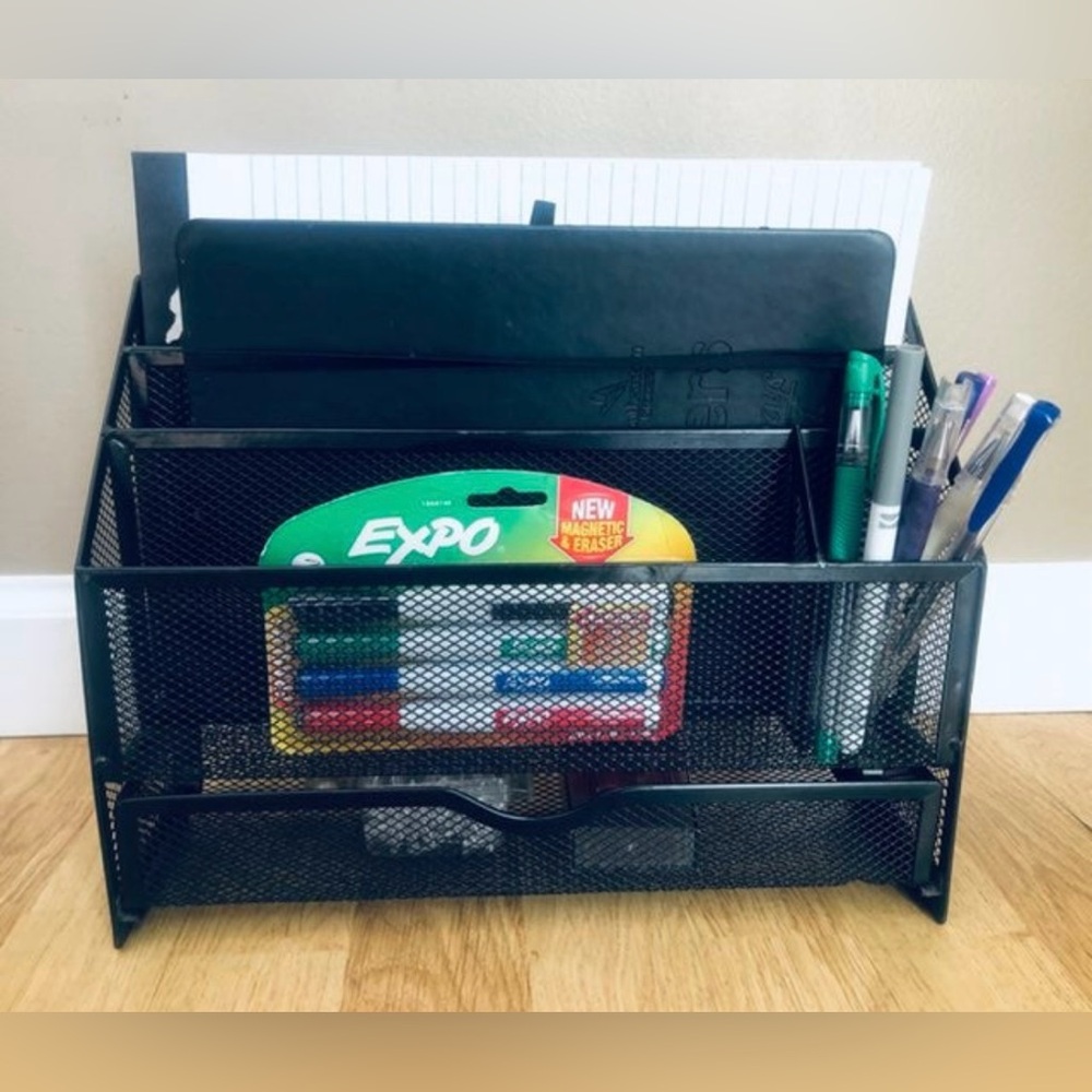 Black Mesh Organizer w/ Sliding Drawer and 5 Upright Sections